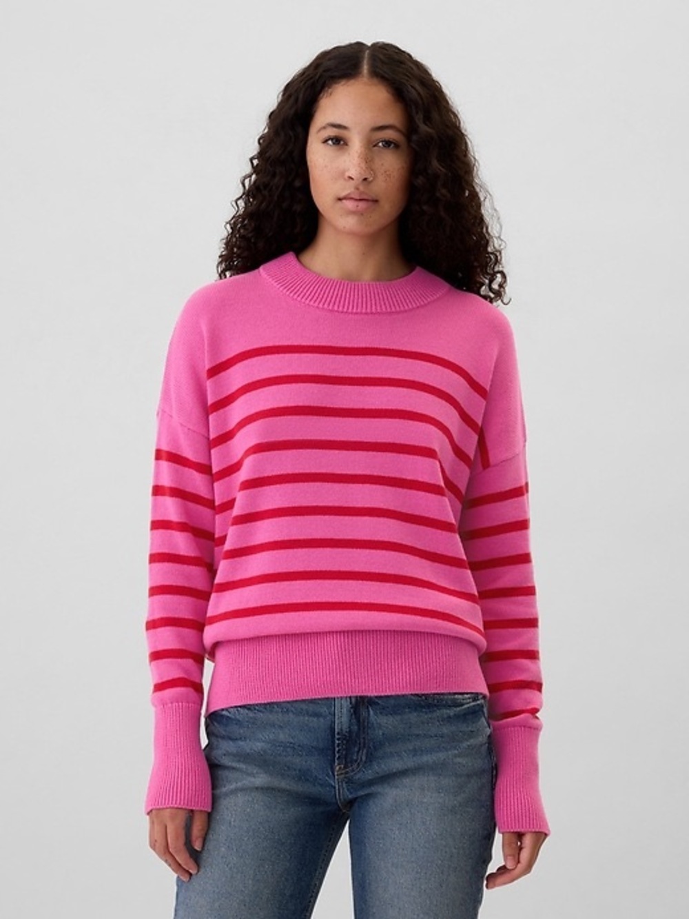 GAP Pink and Red Striped Crewneck Sweater